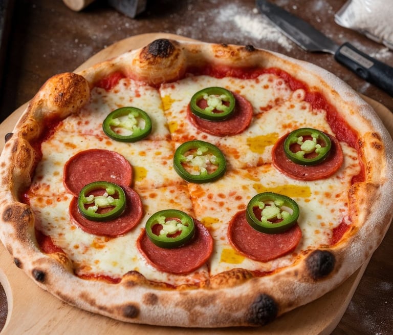 A bold Pepperoni & Jalapeño pizza with a golden-brown crust.