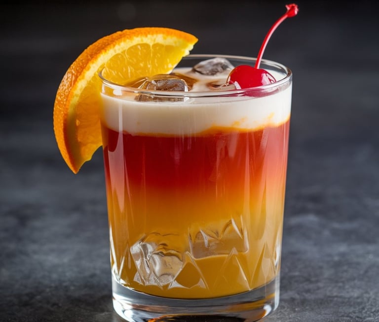 A layered Rum Punch showing gradients from red to orange, garnished with fresh orange slice