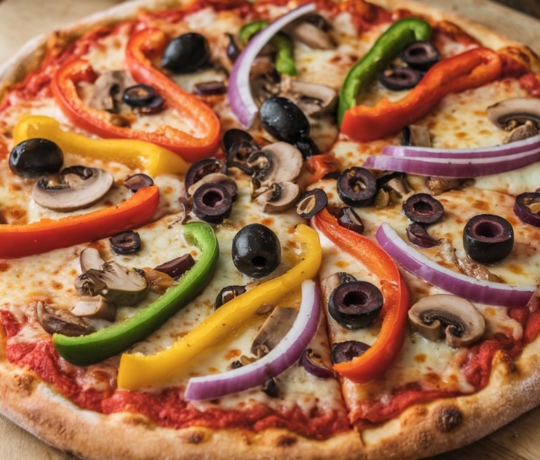 A vibrant Veggie Supreme Pizza featuring colorful bell peppers, purple onions, black olives, and mus