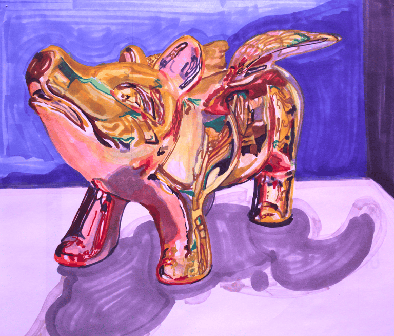 marker drawing of shiny piggy bank with wings