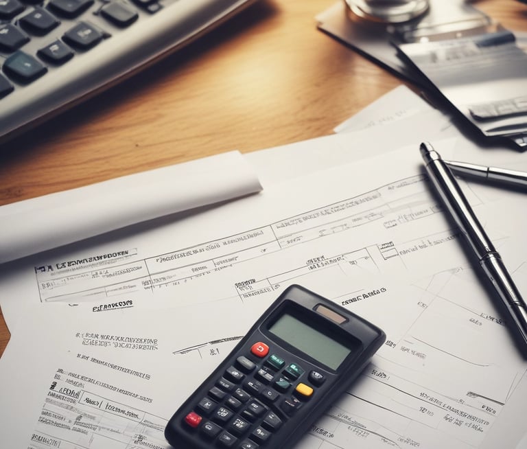 Accounting paper work on a desk with a caclulator