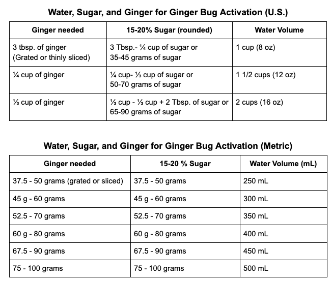 Ginger bug activation sugar, ginger, and water amounts