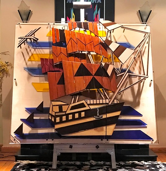 SEA WOLF easel pic-3 art sections mounted on 1 baltic birch back-richWOODart.com-59"x43" 150 lbs.