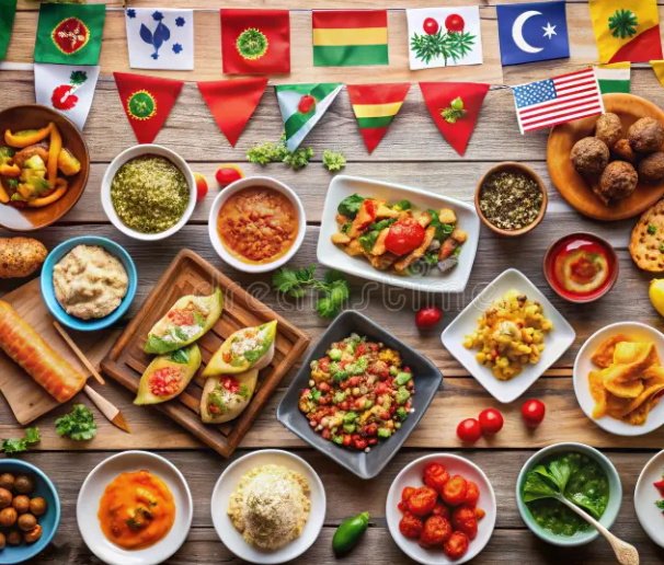 a table with plates of food and flags