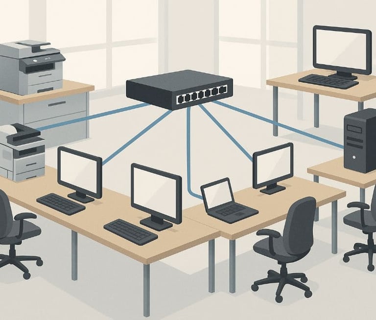Instalación de un área de red local en una oficina donde todos los equipos informáticos se conectan