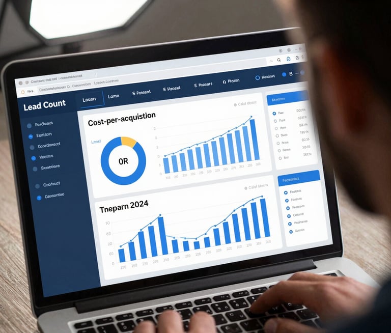 Close-up of a contractor-facing analytics dashboard on a laptop screen, showing lead count, cost-per-acquisition, and call volume metrics in bold blue UI elements, soft overhead studio lighting, desktop surface visible at edges