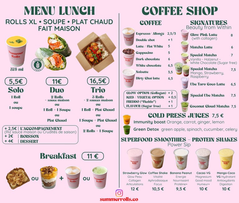 Menu Summer Rolls Menu Lunch Coffee Shop Matcha Ube Protein Shake Dejeuner rouleaux de printemps plat chaud soupe