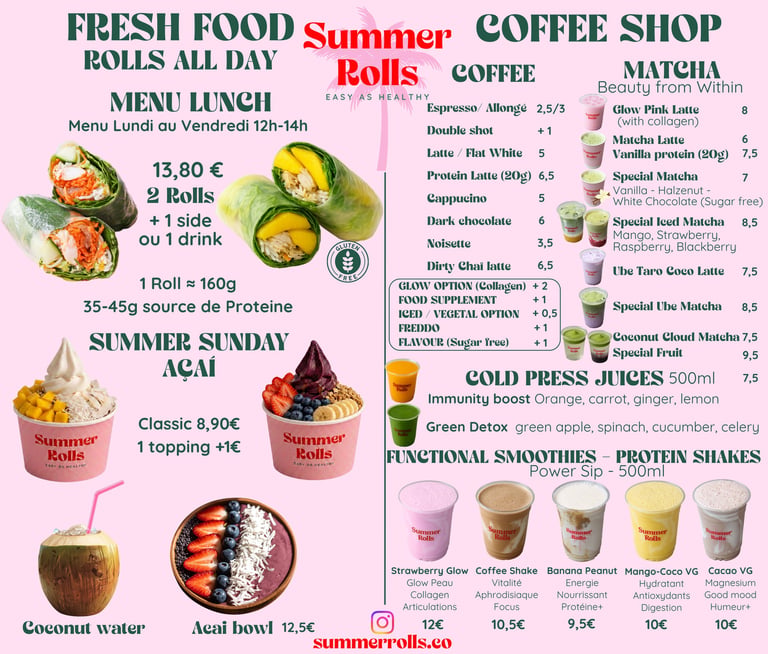 MENU SUMMER ROLLS PARIS HEALTHY FOOD DRINKS SUNDAY ACAI MATCHA ROLLS MANGUE JUS SMOOTHIES