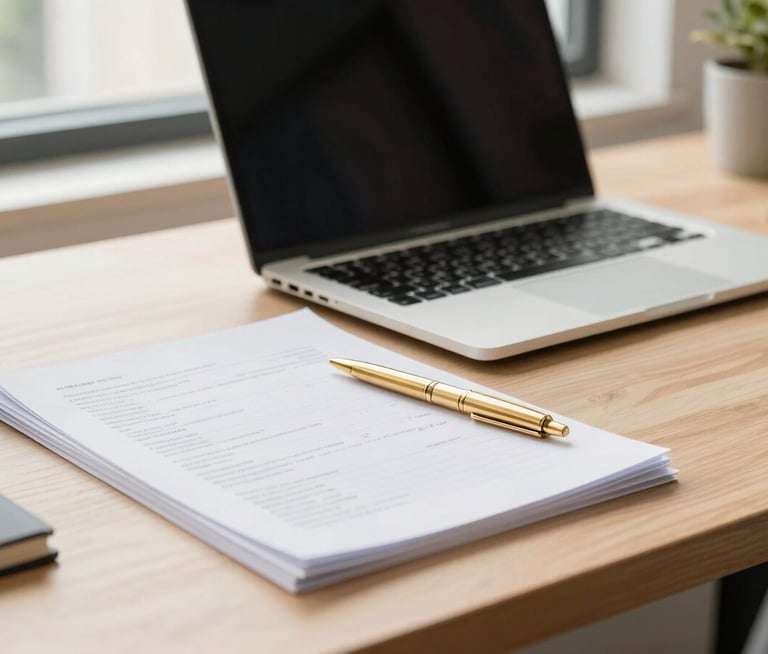 Organized modern desk with financial documents, gold pen, clean laptop, warm natural light from window, professional corporate editorial style, 35mm