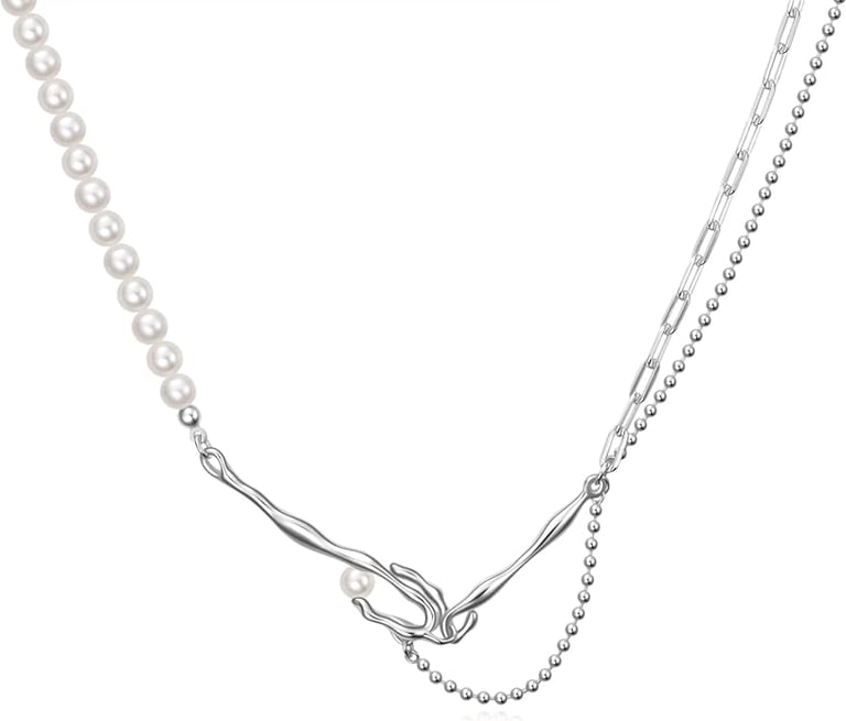 Paper Clip Pearl Necklace Vintage Dainty Layered Link Chain Baroque Cultured Pearls Sterling Silver