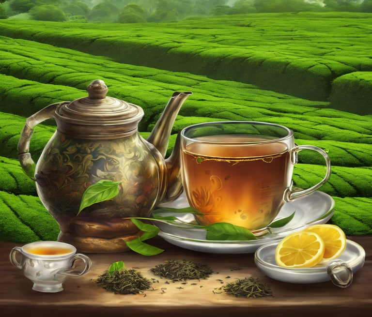 a teapot with tea cup and tea estate in back ground