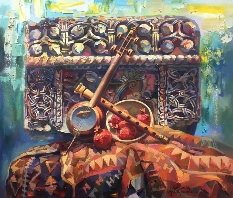 Khachkar-inspired painting by Meruzhan Khachatryan celebrating Armenian cultural heritage