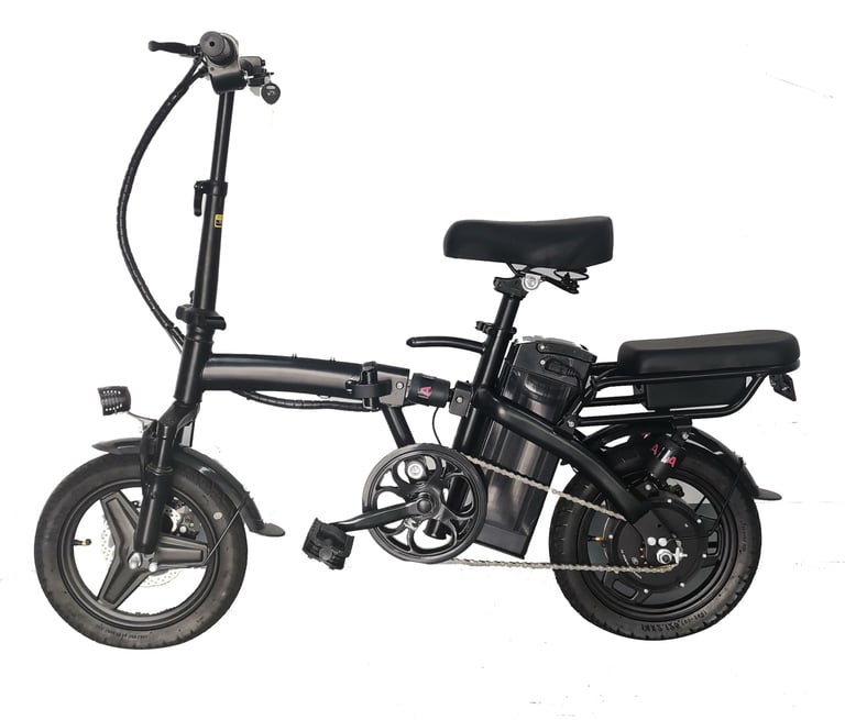 a black and white photo of a folding bike
