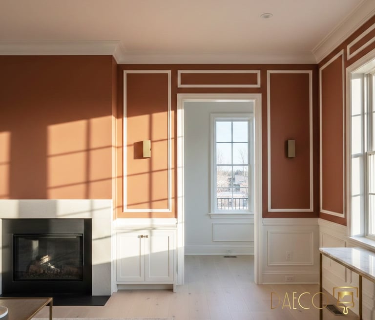 Modern living room with terracotta walls, white picture frame molding, and a sleek fireplace.