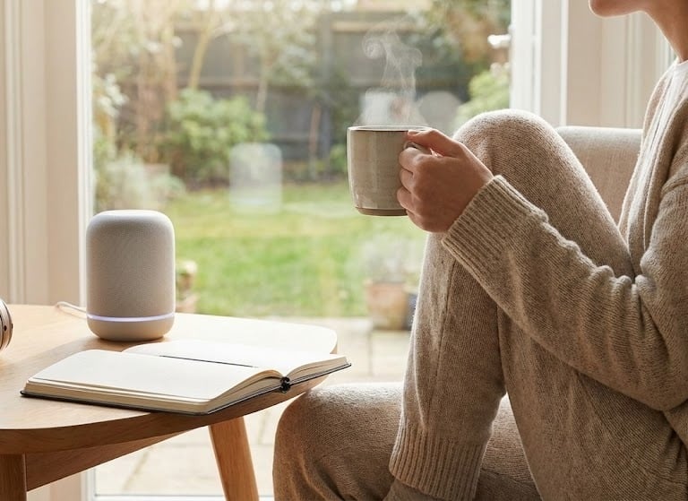 A peaceful morning scene showing a person using a tablet for an AI morning routine with a cup of coffee and warm sunlight.