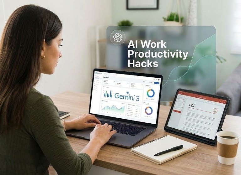 A professional using Gemini 3 on a laptop dashboard and a tablet to demonstrate AI work productivity hacks in a home office.