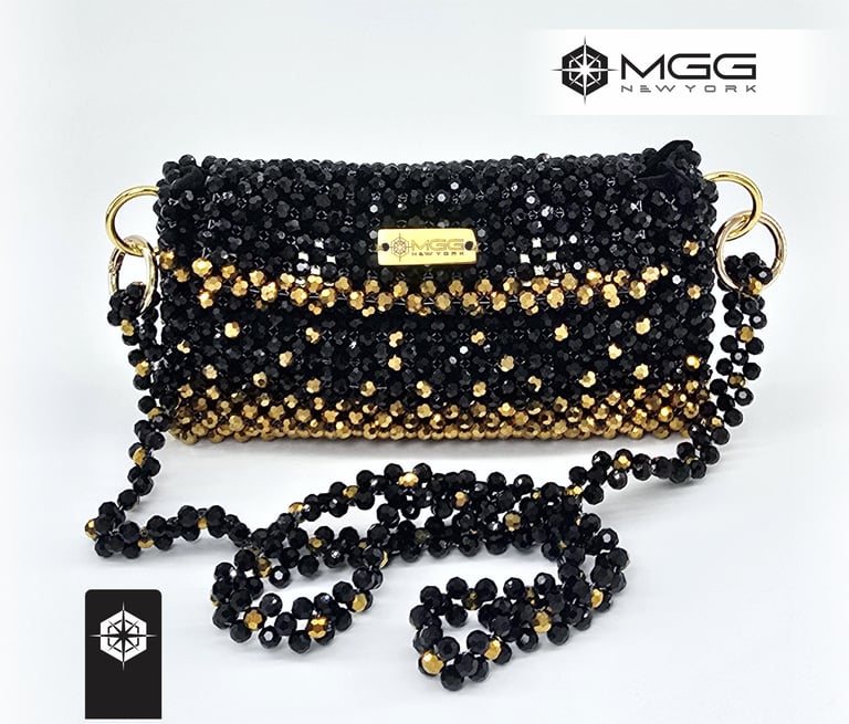 Black and gold luxury handbag Polaris model handcrafted with crystal beads - MGG New York