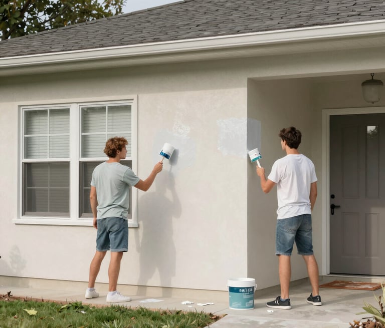 A feature card showing a beautifully painted Auckland living room with off-white walls (#faf7f2), sophisticated furniture, and a floating badge that says '5.0 Stars'. Bright, airy, and inviting atmosphere.
