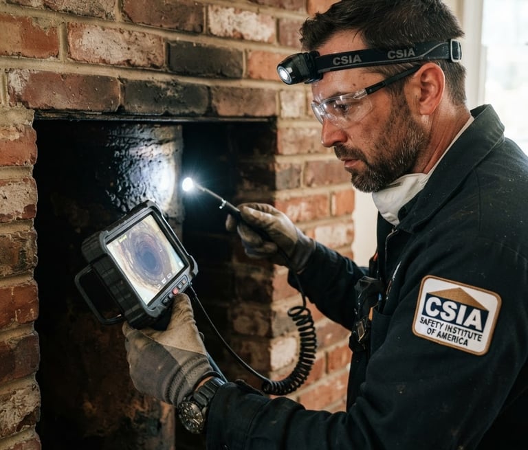 Close-up of a certified chimney sweep technician in safety gear inspecting a dark flue liner with a diagnostic camera, bright spotlight illuminating the interior, rich charcoal and brick tones, sharp focus, 35mm.