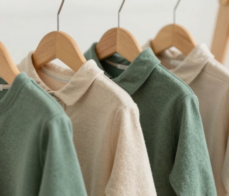 A close-up of high-quality, simple children's clothing hanging on a wooden rack. The garments are made of soft cotton in neutral beige and deep sage green tones. The setting is minimal and elegant, suggesting premium quality.