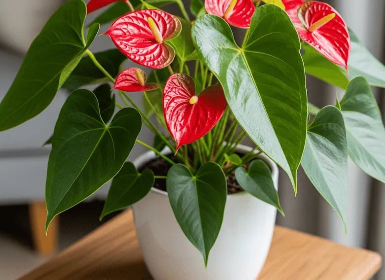 Un Anturio Rojo con flores brillantes en forma de corazón y hojas verdes lustrosas en maceta blanca.