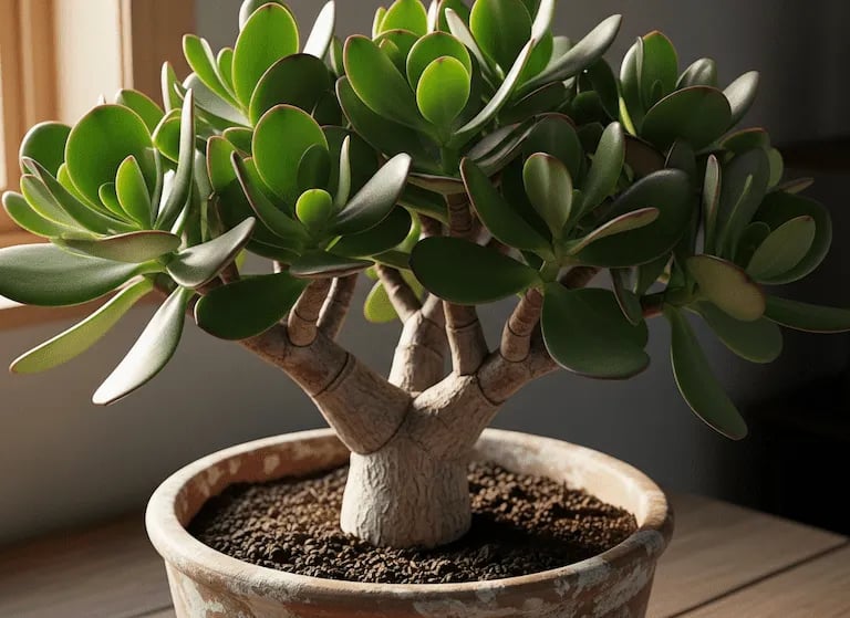 Un Árbol de Jade (Crassula ovata) con hojas carnosas en una maceta, la planta del dinero