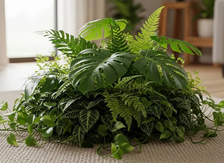 Grupo de plantas juntas en el centro de una habitación para crear humedad.