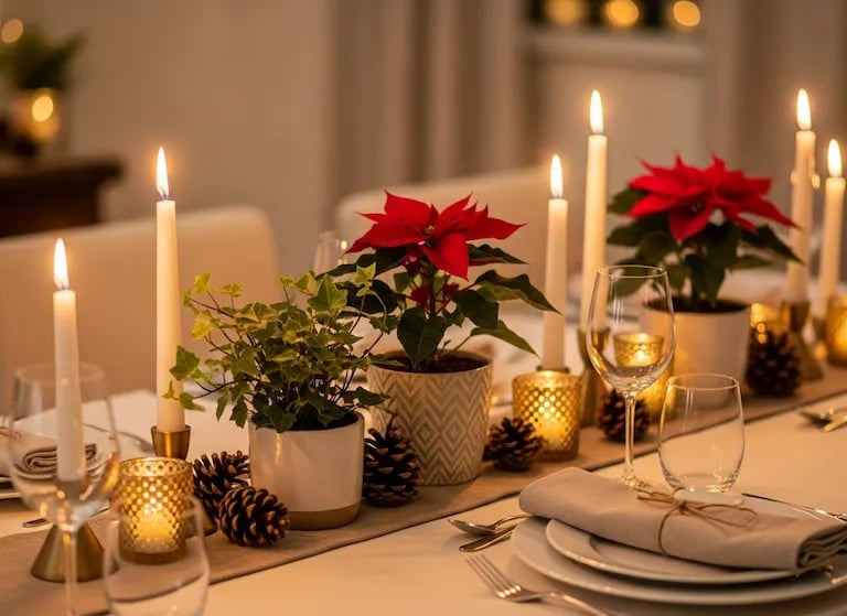 Centro de mesa navideño elegante hecho con plantas vivas en maceta, velas y piñas.