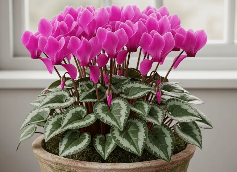 Ciclamen mostrandose florecido en ambiente de luz.