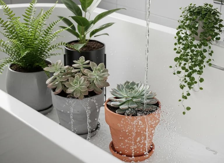 Plantas en la bañera recibiendo un riego profundo y drenando el agua.