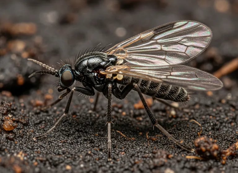 Primer plano de una mosca del sustrato o mosca del mantillo sobre una hoja.