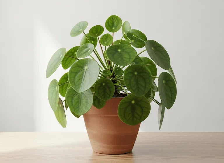Una planta Pilea peperomioides con sus características hojas redondas, en una maceta de terracota