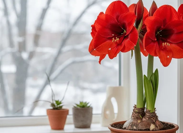 La Amaryllis de color rojo llamativo, frente a una ventana.
