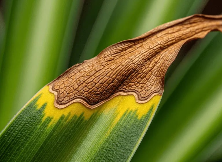 Primer plano de una hoja de planta de interior con la punta seca y marrón.