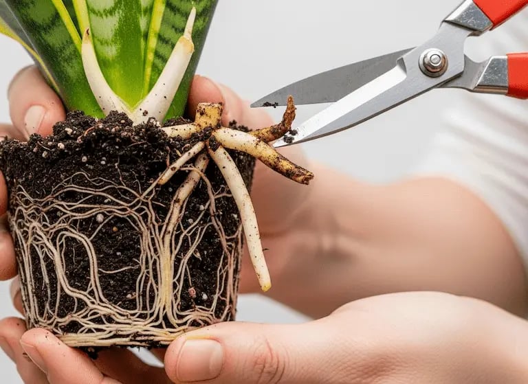 Manos saneando las raíces de una planta de interior, cortando con tijeras las partes podridas
