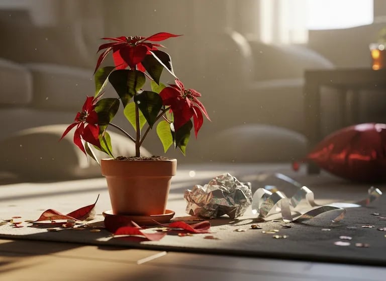 Una planta marchita con hojas caídas en el suelo después de una fiesta navideña.