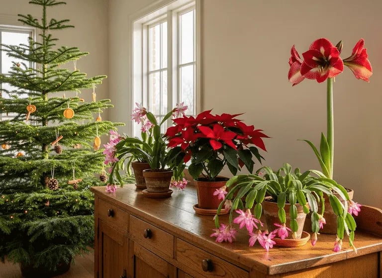 Decoración navideña natural con Flor de Pascua, Cactus de Navidad y otras plantas duraderas