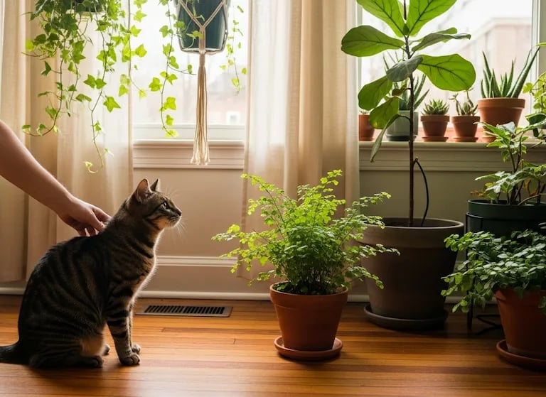 Persona supervisando con cariño a su gato curioso cerca de una planta de interior.
