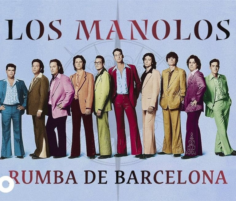 Los Manolos music group posing in colorful suits for the Rumba de Barcelona album cover.