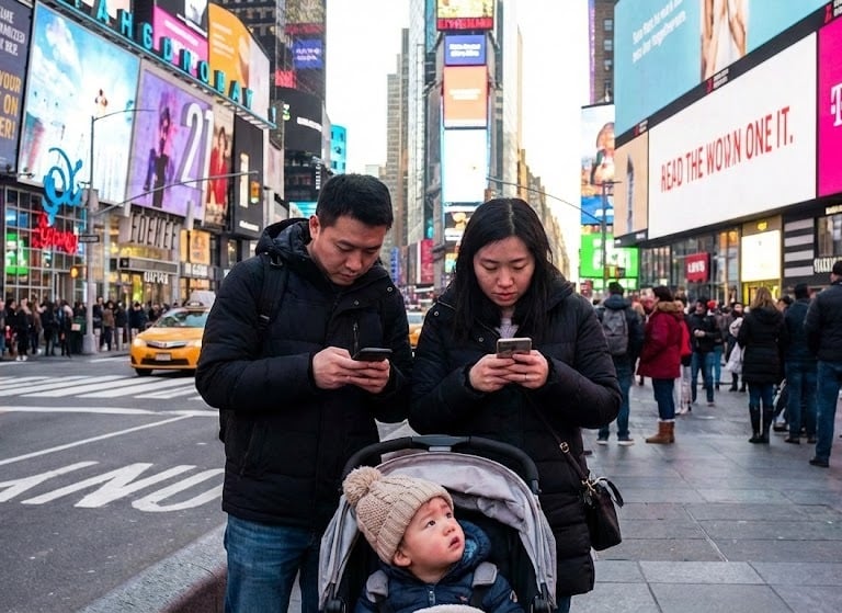 a man and woman looking at their cell phones