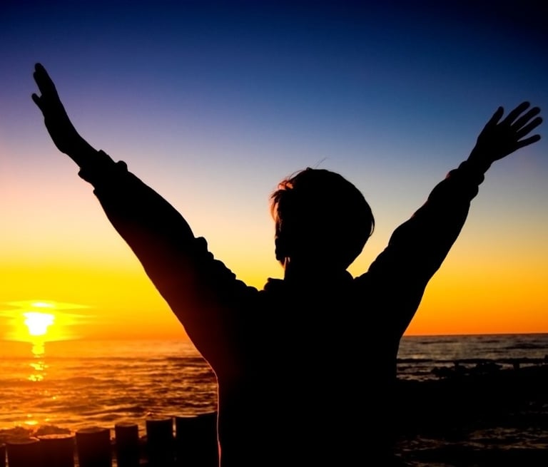 homme libre qui leve les bras devant le soleil couchant bien-etre emotionnel christophe meunier energeticien nantes