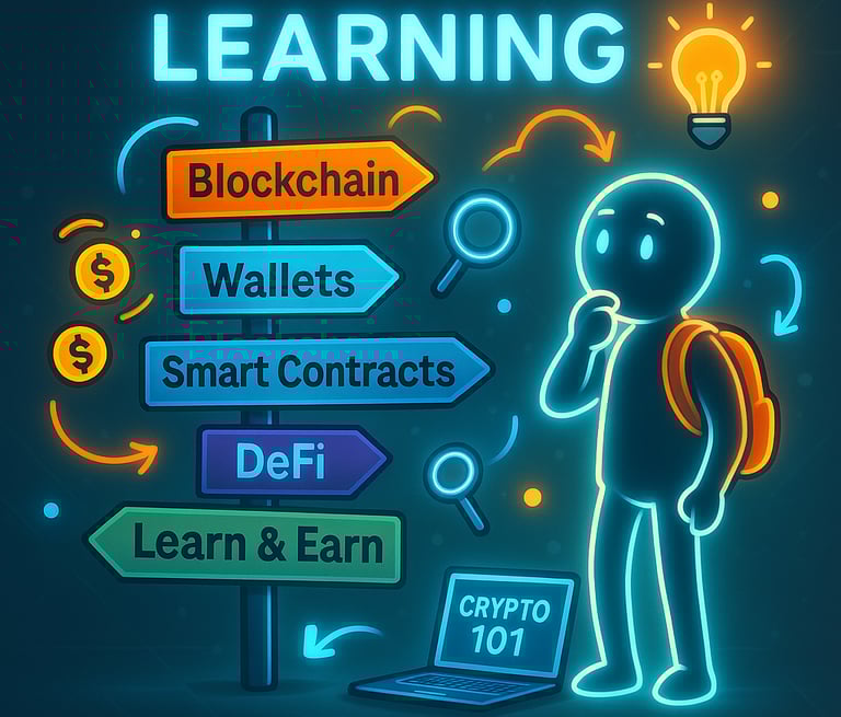 A curious stick figure with a backpack stands next to a glowing signpost pointing to key crypto topi