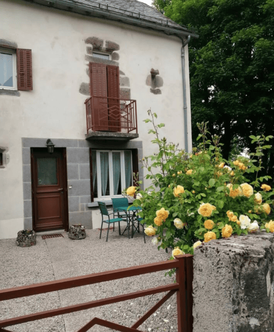 La petite cour devant le gîte avec la table et les chaises vertes, et un rosier jaune en floraison