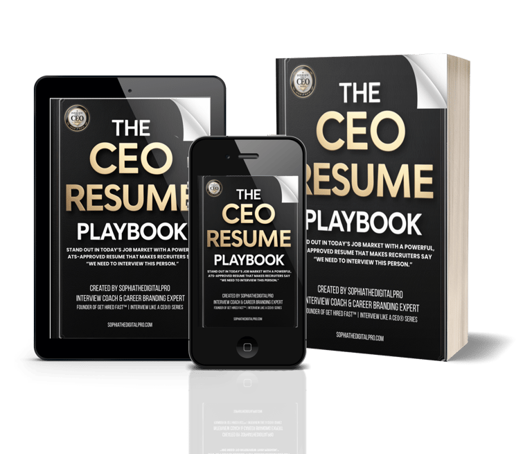 The CEO Resume Playbook digital product bundle displayed on tablet, phone, and print book mockups 