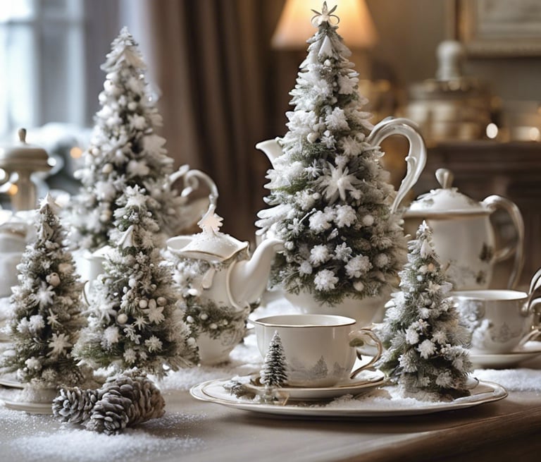 a table with a teapot and christmas trees