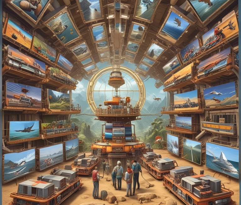 Fireworks light up the night sky above a brightly lit body of water. People are performing water stunts using jet-packs or water-powered hoverboards, creating large plumes of water. Buildings with illuminated facades are visible in the background, adding to the festive atmosphere.