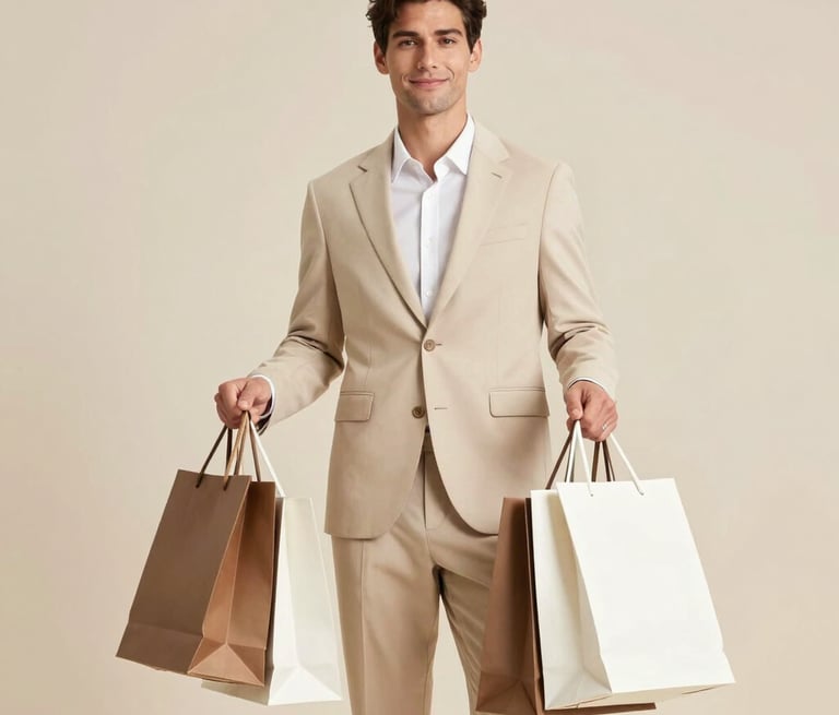 Stylish man in black sweater holding paper shopping bags against a neutral background.