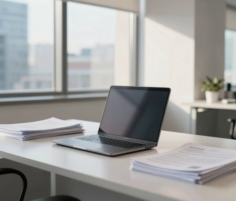 A bright, professional office interior in Spain with a clean desk, a modern laptop, and neat stacks of documents. Soft sunlight filters through large windows. The scene is accented with light blue and off-white tones, reflecting a sophisticated European business environment.