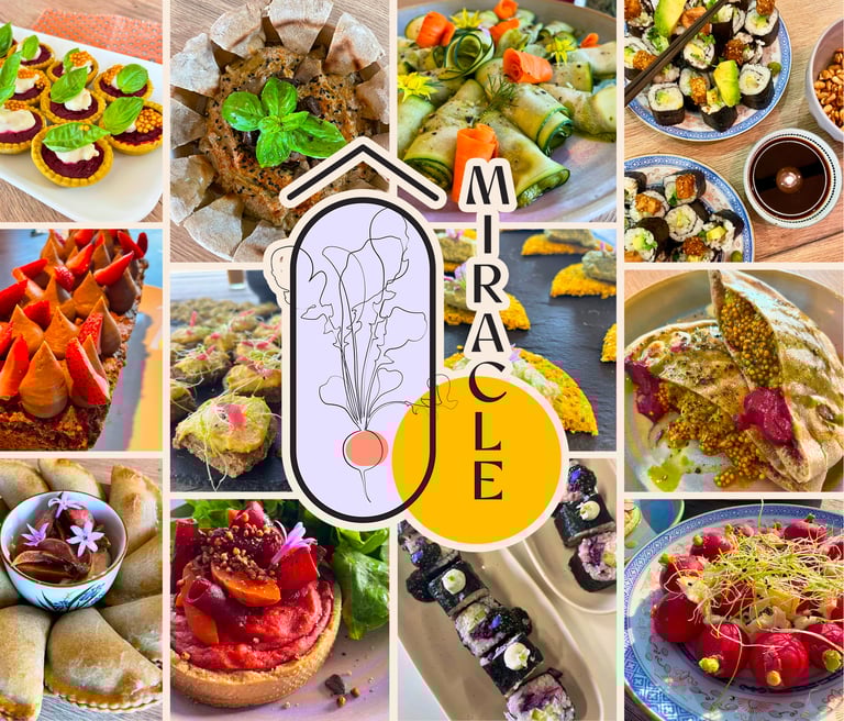 Mosaïque des propositions traiteur avec logo Ô Miracle Traiteur végétal végétarien végan