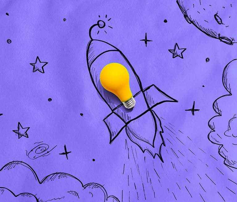 A whimsical drawing of a rocket flying through space. On top of the rocket is a real lightbulb.